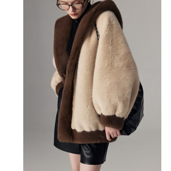 Maillard Core Oversized Faux Fur Hooded Teddy Jacket Two Tone - Picture 3 of 5